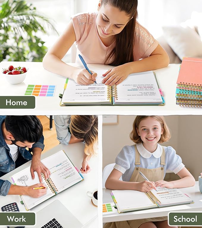 Spiral Notebook Journal with Removable Dividers Tabs, 300 Pages Hardcover Leather 5 Subject College Ruled Notebook, 8.5"x11" Large A4 Lined Journal for Women Men, Spiral Notebook for Work School,Green