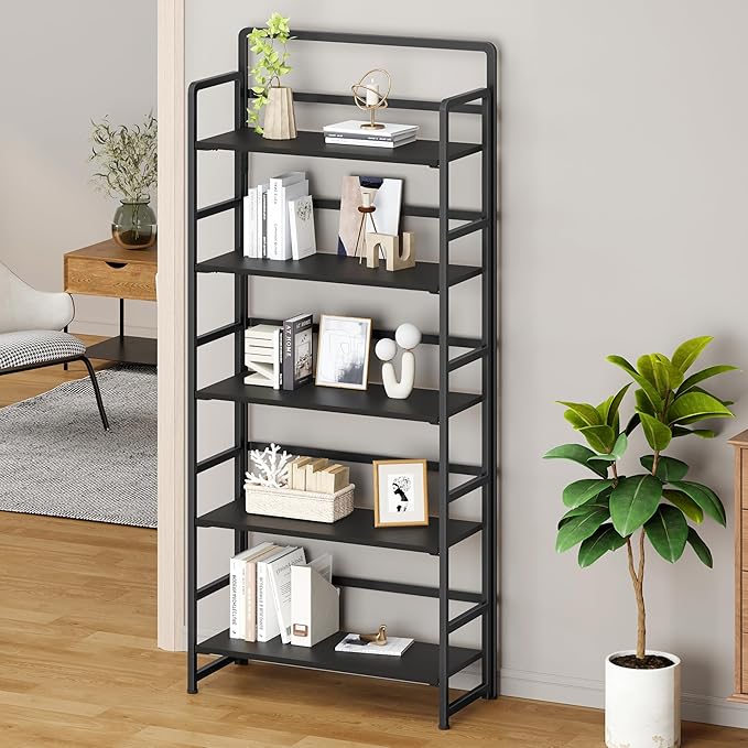 THKKY No Assembly Folding Bookshelf, 5 Tiers Collapsible Book Shelf for Home Office, Vintage Wood Foldable Bookcase Storage Organizer for Living Room Bedroom (Black)