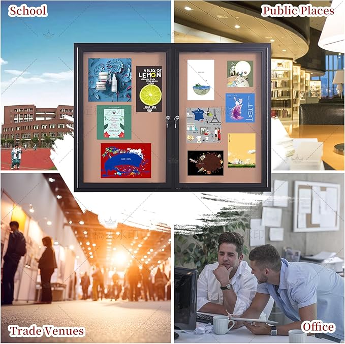48x36 Inch Lockable Enclosed Bulletin Board, Weather-Resistant Outdoor Noticeboard with 2 Locking Doors, Wall-Mounted Black Aluminum Frame & Cork Presentation Board