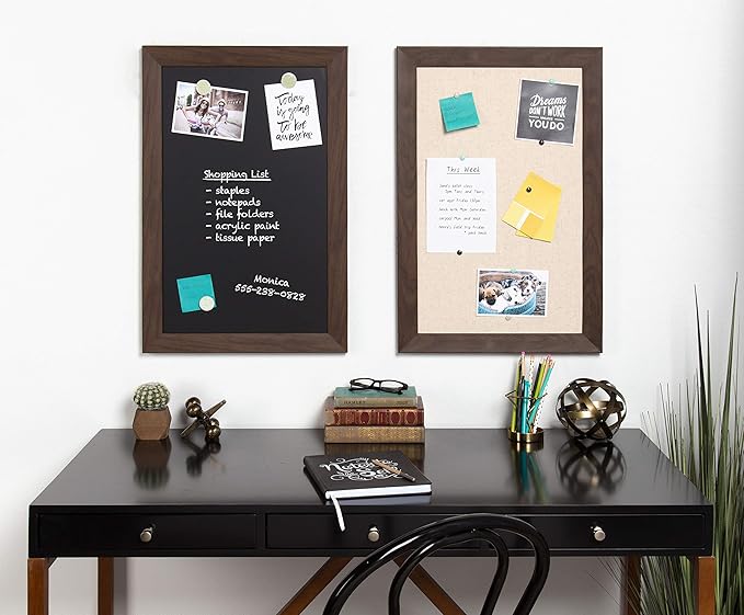 DesignOvation Beatrice Framed Linen Fabric Pinboard, 18x27, Walnut Brown