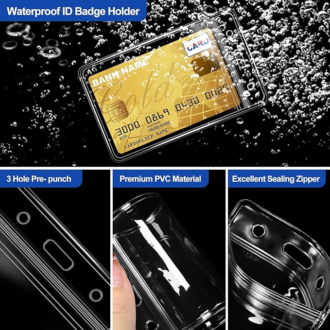 10 Pcs Clear Plastic Heavy Duty Vertical Name Badge ID Card Holders with Waterproof Resealable Zip, Plastic Name Tag Holder