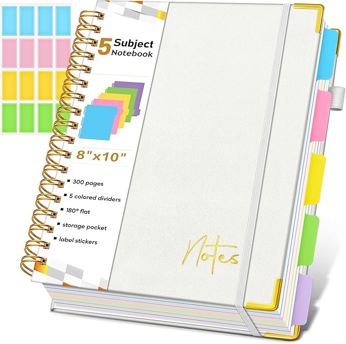 Spiral Notebook Journal with Removable Dividers Tabs, 300 Pages Hardcover Leather 5 Subject College Ruled Notebook, 8"x10" Large B5 Lined Journal for Women Men, Spiral Notebooks for Work School, Beige