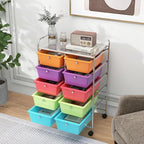 HAPPYGRILL 10-Drawer Rolling Storage Cart, Storage Organizer Cart with Lockable Wheels, Beauty Salon Movable Utility Cart for School, Office, Home, (Colorful)