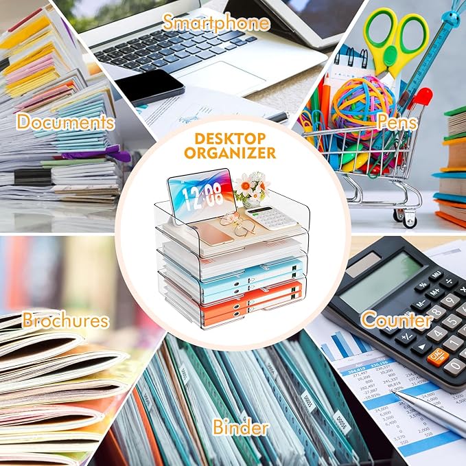 StorBin 4 Trays Paper Organizer Letter Tray, Acrylic Stackable Desk File Organizer, Clear Office Desk Organizer for File Paper, Ipad, Letter, A4 Office File, Books, Notes