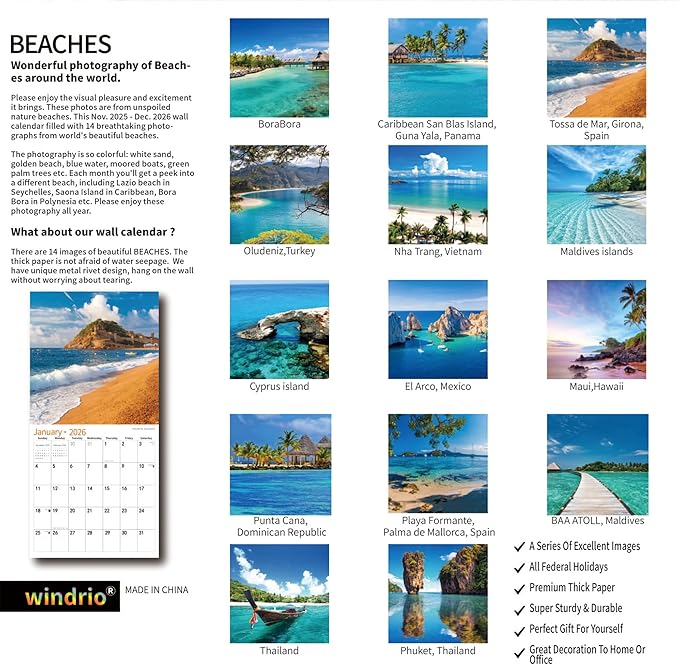 2026 Wall Calendar,Calendar 2026, November 2025 - December 2026, Wall Calendar Beaches, 12" x 24" Opened,Full Page Months Thick & Sturdy Paper for Calendar Organizing & Planning