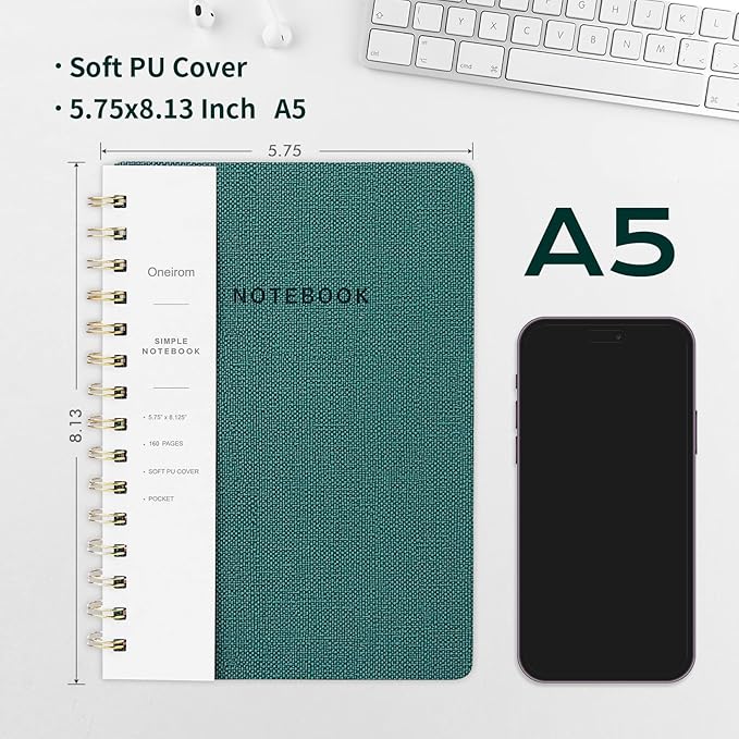 Spiral Notebook-5.75" x 8.125" College Ruled Journal with Inner Pockets and 160 Pages,PU Leather Cover Business Journal, Twin-Wire Binding Notebook Perfect for Office & Home School Supplies Green