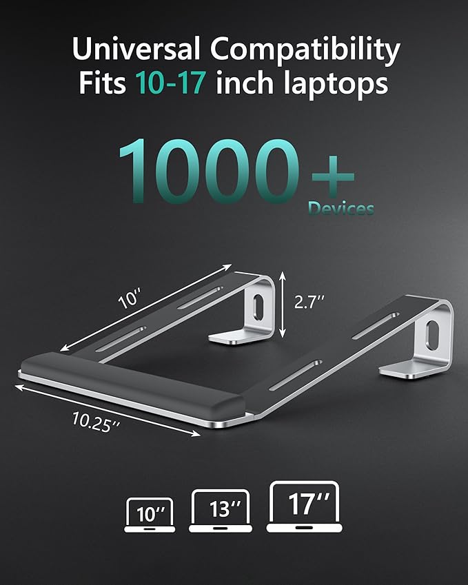 JCZT Aluminum Laptop Stand, Notebook Stand with Wrist Rest, Ergonomic Detachable Laptop Mount, Computer Stand Compatible with 10-17'' All Laptops Such as MacBook Air Pro/HP/Dell/Lenovo, Silver
