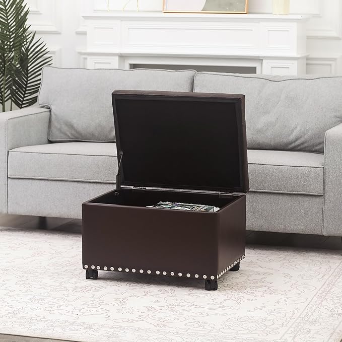 Decent Home Leather Storage Ottoman Bench with Steerable Rolling Wheels, Rectangle 24 Inch Foot Rest Ottomans Stool for Living Room Bedroom (Vintage Brown)