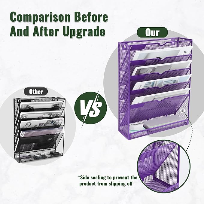 EASEPRES 6 Tier Mesh Hanging Wall File Organizer, Desk Vertical Mail Paper Document Folder Holder Rack with Bottom Tray and Nametag Label for Office Home School, Purple