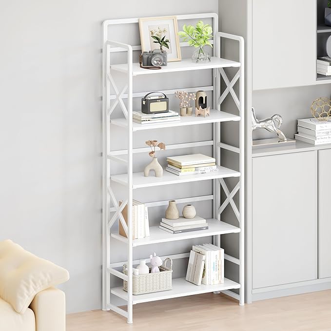 THKKY No Assembly Folding Bookshelf, 5 Tiers Vintage Wood Collapsible Book Shelf for Storage,Industrial Metal Foldable Bookcase Organizer for Living Room Bedroom Home Office (White)