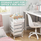 Rolling Storage Utility Cart With 5 Drawers,Craft Cart with Wheels,Makeup Organizer,Art Supply And Storage Wooden Tabletop,White