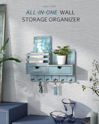 Rebee Vision Decorative Key Holder Wall Mount with 2 Drawer Organizer - Modern Mail Organizer with 6 Key Hooks & Shelf - Home Decor Aesthetic for Apartment Essentials (Distressed Blue)