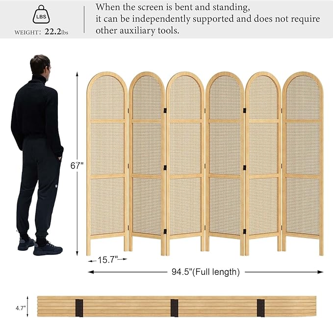 Svimi Room Dividers and Folding Privacy Screens, 5.6 Ft Double Hinged Rattan Partition Freestanding Wall Room Divider for Home - 6 Panels (Natural)