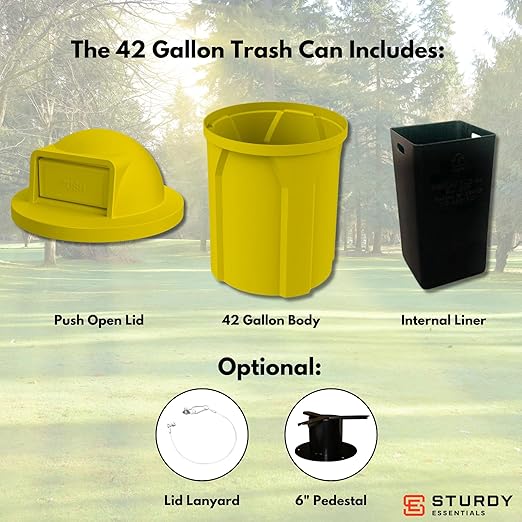 Campus Collection 42 Gallon Circle 100% Recycled Plastic Heavy Duty Outdoor Commercial Trash Can with Push Open Dome Lid and Internal Liner | Great for Schools and Businesses - Yellow
