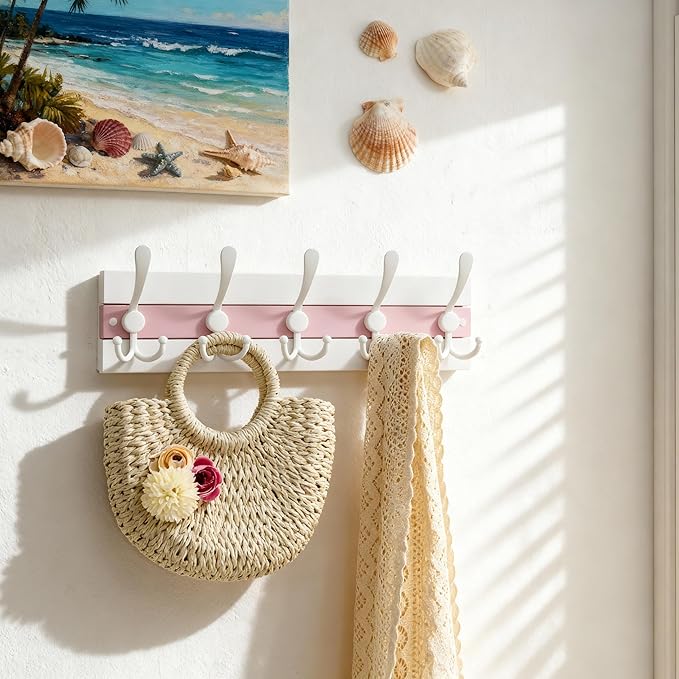 SKOLOO Coastal Wall Mounted Coat Rack - 16-7/8" Beach House Entryway Wooden Coat Hook with 5 Hooks for Hanging Coats, Hats or Towels, Oceanfront Cottage Core Collection, White & Palm Beach Pink