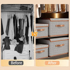Tuza 4 Pack Storage Bins with Lids, Collapsible Closet Organizer Container, Fabric Organizer Box with Handles, Decorative Storage Boxes with Lids for Organizing Clothes, Blanket, Light Grey, Medium