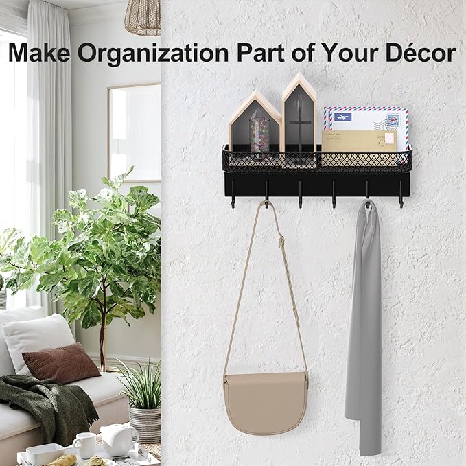 Lwenki Key Holder for Wall – Decorative Stainless Steel Key Hanger with 6 Hooks for Hats, Bags, Leashes – Mail Holder Key Rack with Mounting Hardware and Guide (9.65” x 2.8” x 2.2”) (Black)