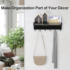 Lwenki Key Holder for Wall – Decorative Stainless Steel Key Hanger with 6 Hooks for Hats, Bags, Leashes – Mail Holder Key Rack with Mounting Hardware and Guide (9.65” x 2.8” x 2.2”) (Black)