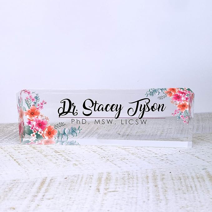 Artblox Office Desk Name Plate Personalized | Custom Name Plates for Desks | Flowers Wild Design On Clear Acrylic Glass | Office Desk Decor - (8" x 2.5")