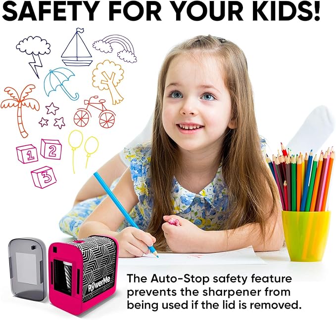 POWERME Electric Pencil Sharpener - Pencil Sharpener Battery Powered for Kids, School, Home, Office, Classroom, Artists – Battery Operated Pencil Sharpener For Colored Pencils, Ideal For No. 2 (Pink)