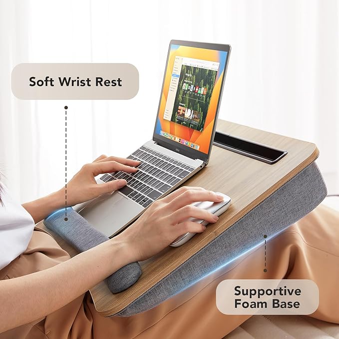 HUANUO Lap Laptop Desk - Portable Lap Desk with Pillow Cushion, Fits up to 17 inch Laptop, with Anti-Slip Strip & Storage Function for Home Office Students Use as Computer Laptop Stand, HNLD28WN