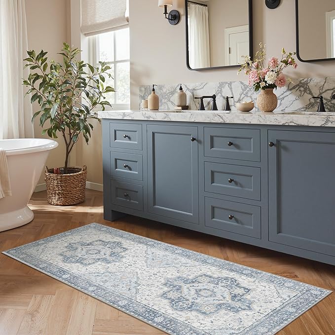 GENIMO Runner Rug 2'6"x8 Machine Washable Non Slip Vintage Hallway Runner Rug, Low Pile Lightweight Rugs for Indoor Entryway, Hallway, Kitchen and Corridor, Light Blue