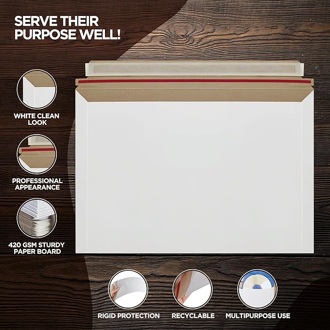 100 Pack 6.5x4.5 inches Rigid Mailers Self Seal Photo Document Cardboard Mailers, Stay Flat White Cardboard Shipping Envelopes, Photography Mailer for CD, Photos, Document