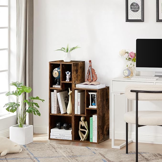 VECELO Narrow Bookshelf Set, Fits 9.3" × 10-12.8" Hardcovers, Cube Storage Bookcases, Free-Standing for Living Room, Bedroom, Home Office, 2/3-Tier, 2-Pack, Brown