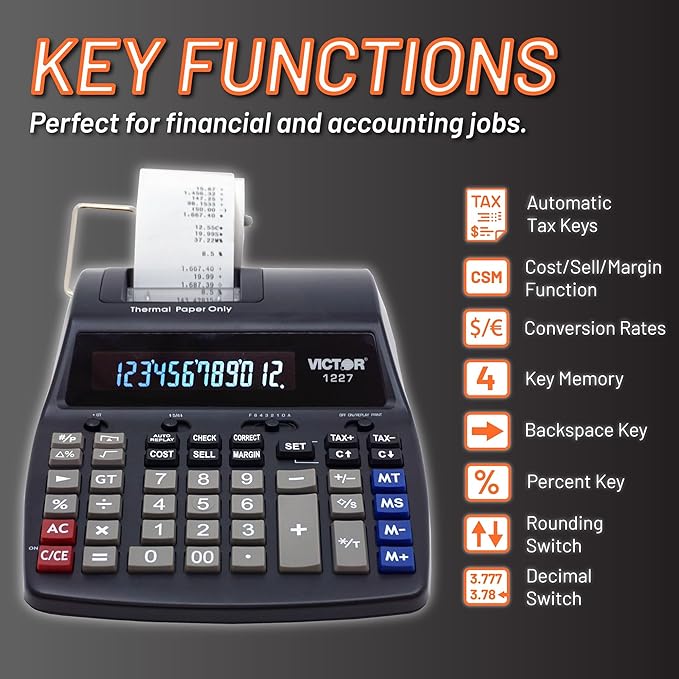 Victor Thermal Printing Calculator with Check & Correct – Fast, Ink-Free Printing, Large Screen, Smudge-Free Results for Office & Accounting