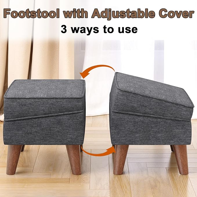 FAGAGA Small Footstool Ottoman with Storage, Ottoman Foot Rest, Modern Foot Stool with Adjustable Lid and Sturdy Wood Legs for Living Room, Bedroom, Couch, Enterway, Light Gray