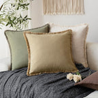 Foindtower Set of 2 Decorative Linen Fringe Throw Pillow Covers Boho Farmhouse Cushion Cover with Tassels Soft Accent Pillowcase for Couch Sofa Bed Living Room Home Decor,26×26 Inch,Light Khaki Taupe