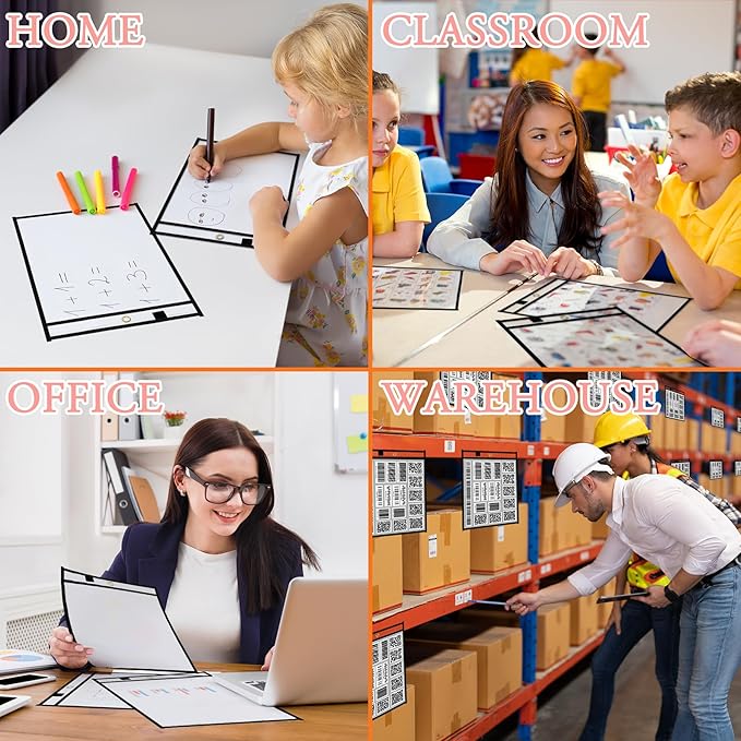 Antner 30 Packs Oversized Dry Erase Pockets Reusable Sleeves 10x13 Job Ticket Holders, Clear Plastic Dry Erase Pouches Heavy Duty Sheet Protectors for Teacher School Classroom Office Supplies, Black
