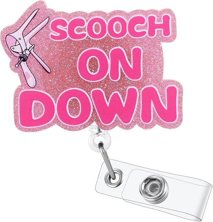 Scooch on Down Funny OBGYN Badge Reel | Retractable ID Card Labor and Delivery Badge Holder | Name Tag Medical Work Badge Clip for RN LPN CNA MA ER Night Shift Nurse Nursing Student Doctor Gifts