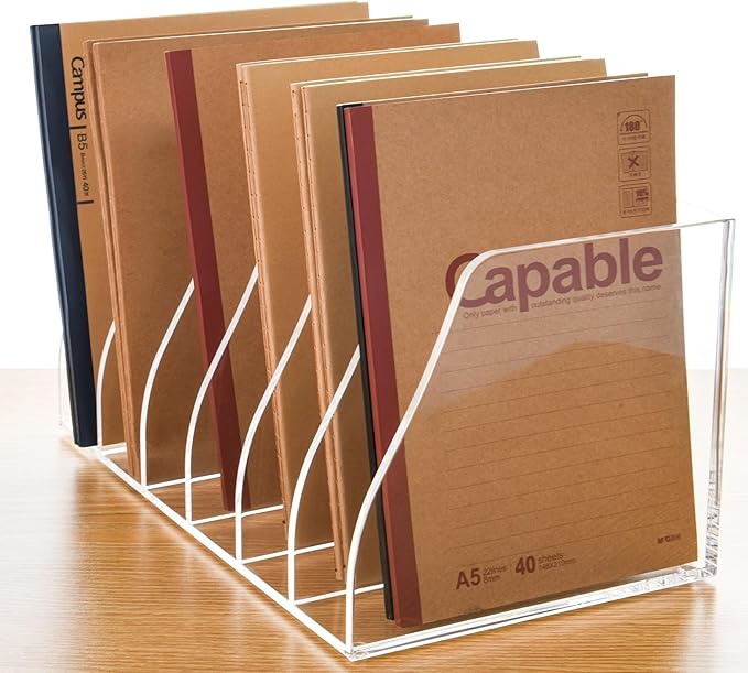 AIMOLLY Acrylic Magazine File Holder, 6 Vertical Compartments Desk Document Sorter Organizer, Clear Folder Rack Binder for Office/Home/Classroom, for Documents, Tablet, Magazines, Books & Accessories