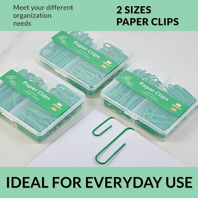NEEWAY Colorful Paper Clips Assorted Sizes, Small and Large Paperclips, 210 Count, 3 Pack of 70 (Green)