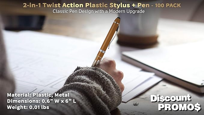DISCOUNT PROMOS Custom Twist Action Plastic Stylus Pens, Set of 100, Personalized Bulk Pack - Pens for Work, Cool Pens for Writing, Black Ink - Gold
