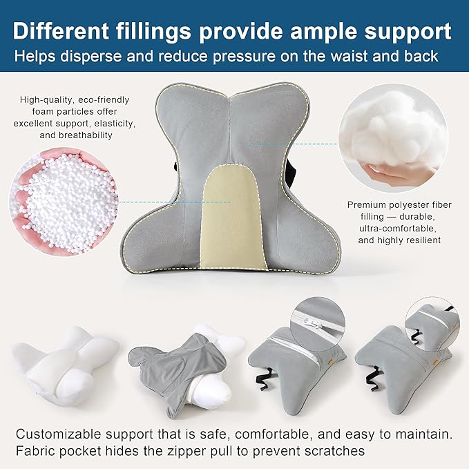 Ailuteie Lumbar Support Pillow(Pat. Pend) – Multi-Functional Ergonomic Back Cushion for Office Chair, Car Seat & Sofa, Reading Pillow with Firm Multi-Zone Support to Relieve Lower Back Pain,Zinc Gray