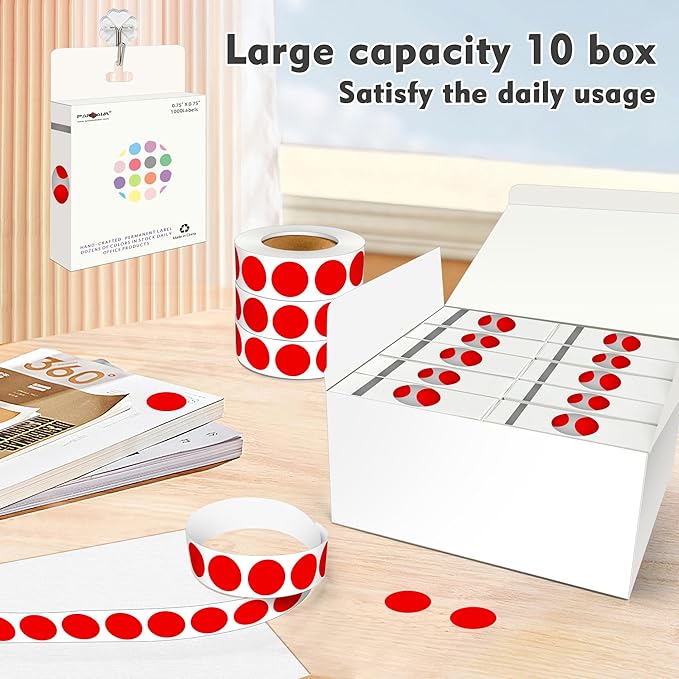 PARLAIM 3/4 Inch Roll Color Coding Labels,10000 per 10 Rolls Round Permanent Adhesive Color Coding Circle Dot Stickers for Office Home (Red)