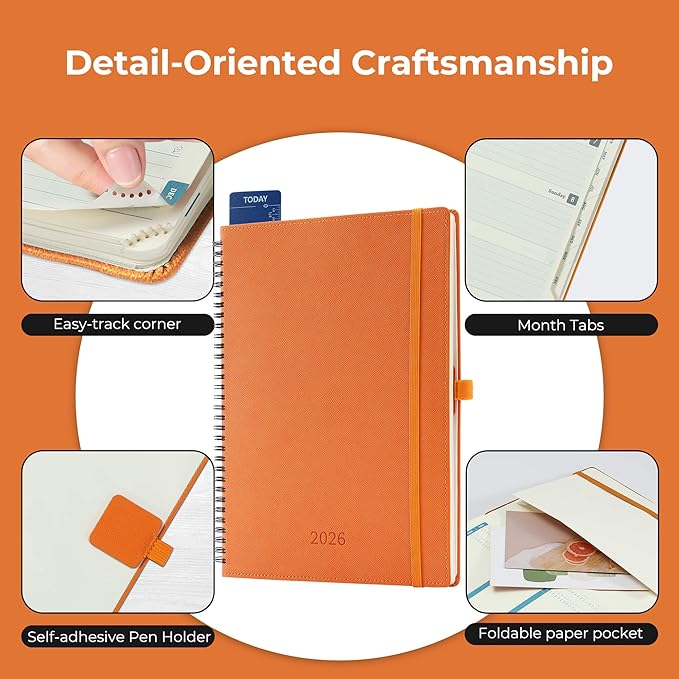 IN-LUXPRO Planner 2026 Daily Weekly and Monthly,11.5"x8.5",12 Months Spiral Bound Calendar Agenda with Self-adhesive Pen Holder,2026 Appointment Book with Vegan Leather Soft Cover,Orange
