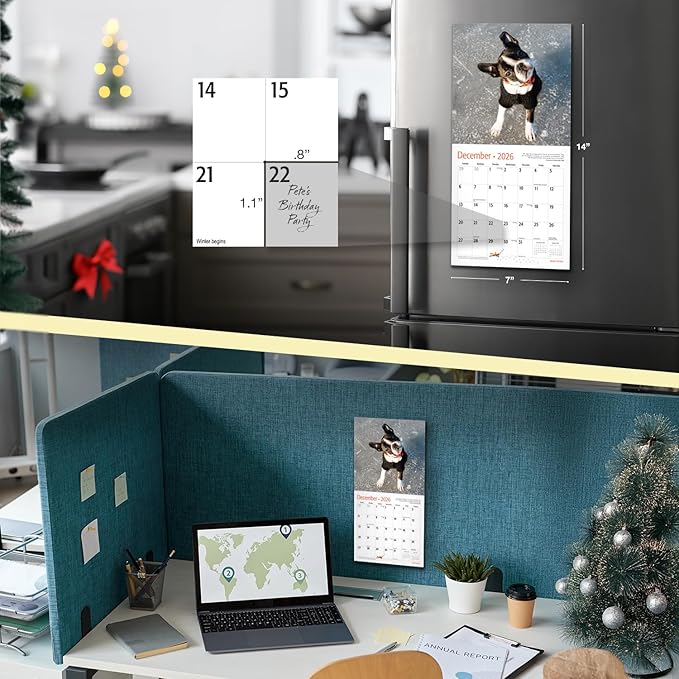 RED EMBER Boston Terriers 2026 Mini Wall Calendar 12 Month | 7" x 14" Open | Thick & Sturdy Paper | Holiday Gift | Cute Puppy Dog Calendar 2026