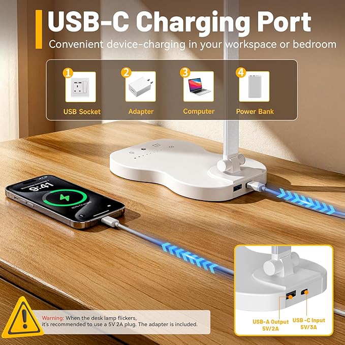 Ddlisu LED Desk Lamp with USB Charging Port, 5 Color Modes 10 Brightness, Dual Swing Arm Dimmable Desk Lamps for Home Office Nail Dorm (White)