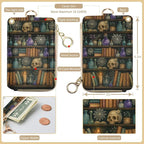 bolimoss Bookshelf Lanyard Wallet for Women Teacher, Goth Skull Leathe RFID Small Keychain Wallet Credit Card Holder Breakaway Wrist Neck Strap for Key Name Tag