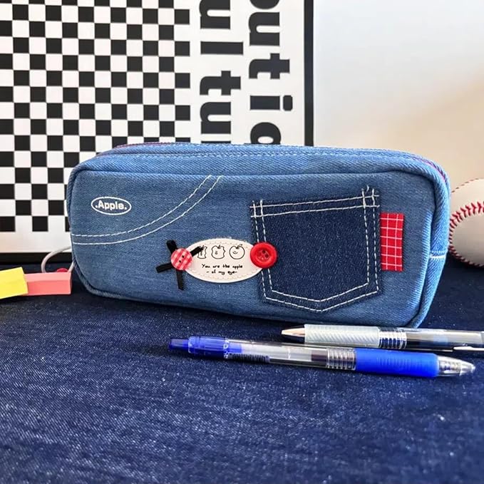 Haumei Canvas Pencil Case Large Capacity, Big Denim Pen Pouch with Zipper, Cute Durable Portable Stationary Storage Bag Organizer for Adults Women, Light Blue, Button