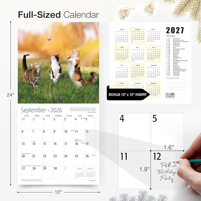 RED EMBER A Cat's Life 2026 Wall Calendar 12 Month | 12" x 24" Open | Thick & Sturdy Paper | Holiday Gift | Cute Kitten Cat Calendar 2026