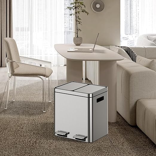 OUTLANE 30L Stainless Steel Double Compartment Trash Can, Foot Pedal, Soft Close Lid, Removable Buckets, Fingerprint Resistant, Home/Office/Bathroom Bin, 37.6x42.8x46.8cm