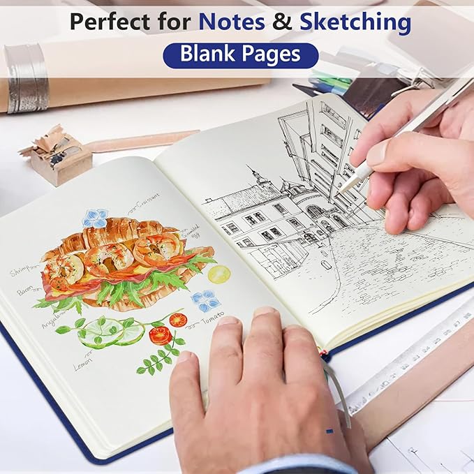 PERCUN Blank Journal Ntebook for Men & Women, 160 Pages Blank Journals for Writing, Drawing,Sketch Book,5.9" x 8.5" Leather Sketchbook, Unlined Notebook for Work, School, Art (Navy)