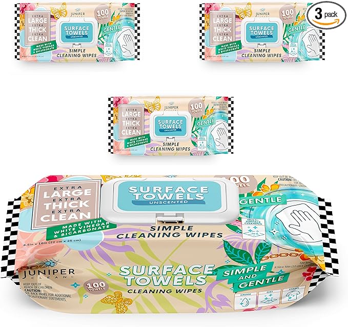 Juniper CLEAN 3 Packs Surface Cleaning Wipes Bleach Free, Thick & Large Dispose, All-Purpose Cleaner for Bathroom, Kitchen, Office, 100 Count Soft Flow, Biodegradable, No Scent