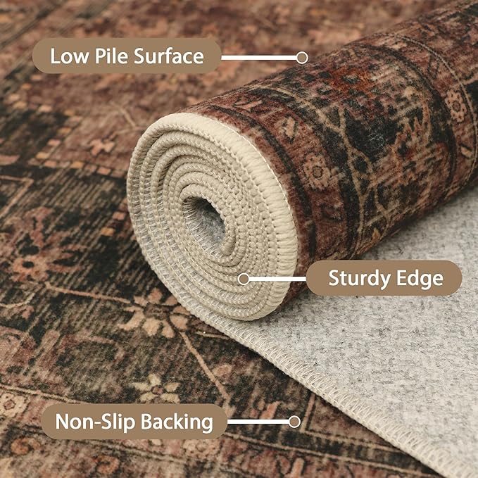 GENIMO 8x10 Area Rugs for Living Room, Machine Washable Rug, Non Slip Indoor Vintage Rug, Low Pile Lightweight Chenille Print Carpet for Bedroom Dining Room Home Office, Charcoal Brown