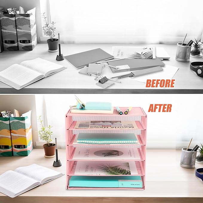 EASEPRES 5 Slot Mesh Desk Organizer Tray, File Paper Letter Folder Holder Desktop Paper Sorter Mail Organization Rack Storage Accessories, for Office Home School Classroom, Pink