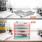 EASEPRES 5 Slot Mesh Desk Organizer Tray, File Paper Letter Folder Holder Desktop Paper Sorter Mail Organization Rack Storage Accessories, for Office Home School Classroom, Pink
